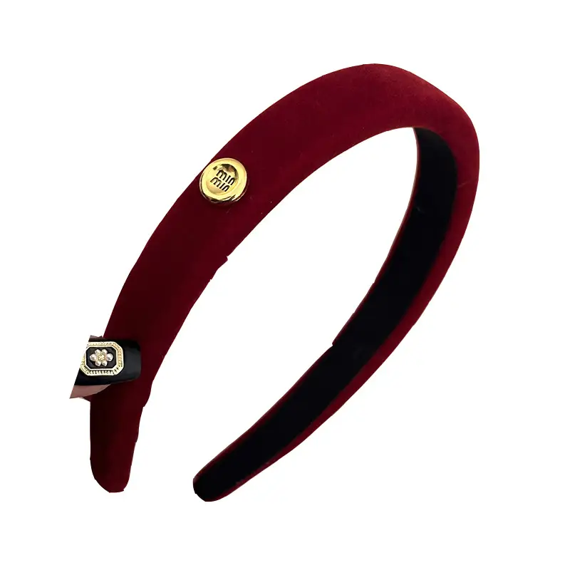 Black Velvet Korean Style Headband with Gold Logo - Image 7