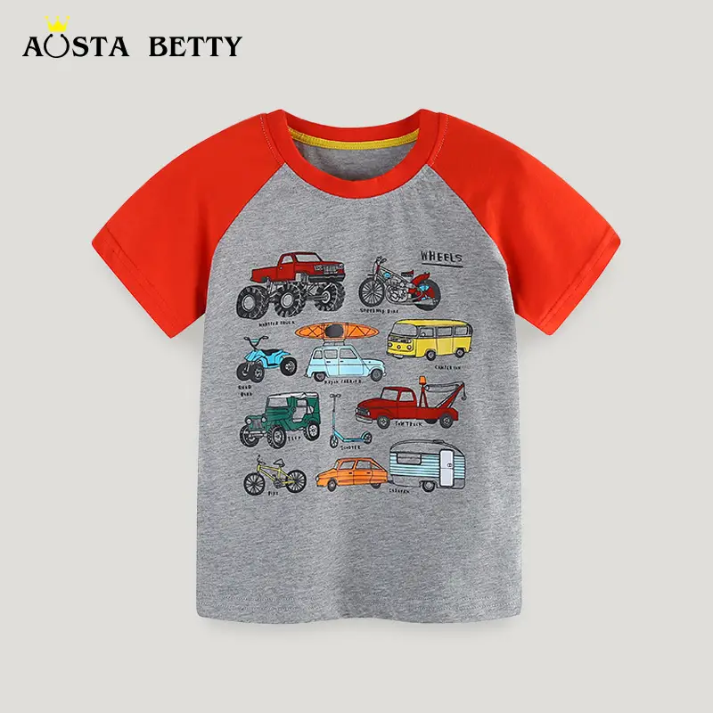 Summer Boys T-shirt Red Grey Cartoon Kids Cotton - Image 2