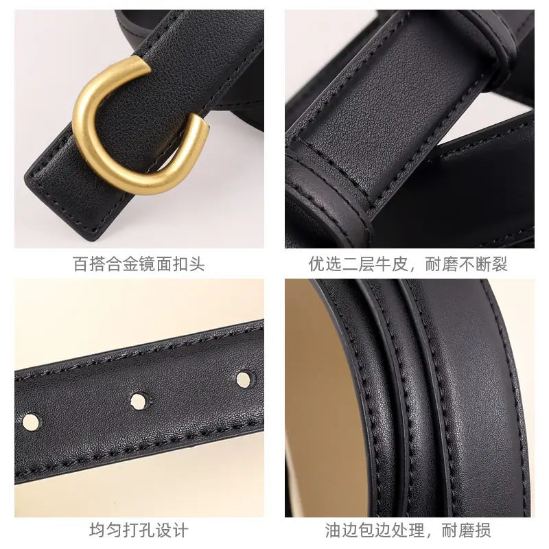 Women's Black Genuine Leather Belt with Gold buckle - Image 6