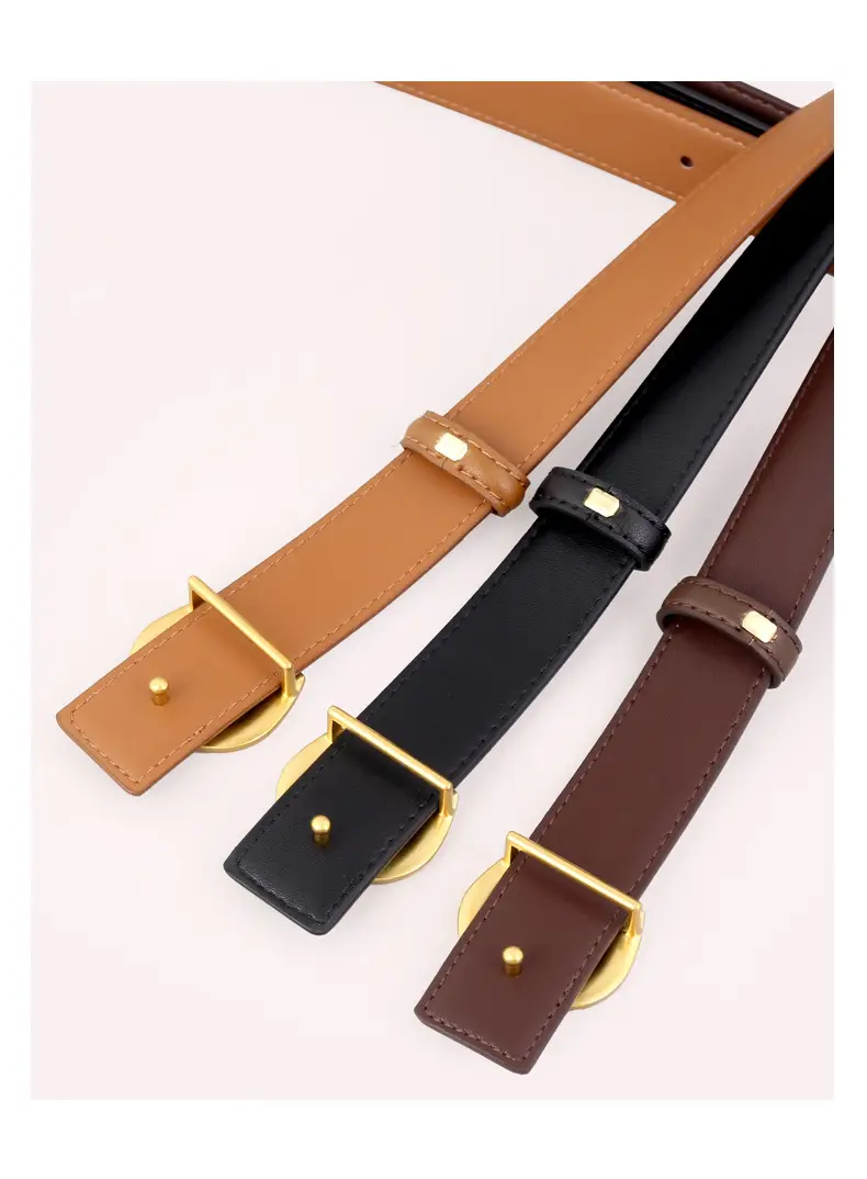 Women's Black Genuine Leather Belt with Gold buckle — feature 10