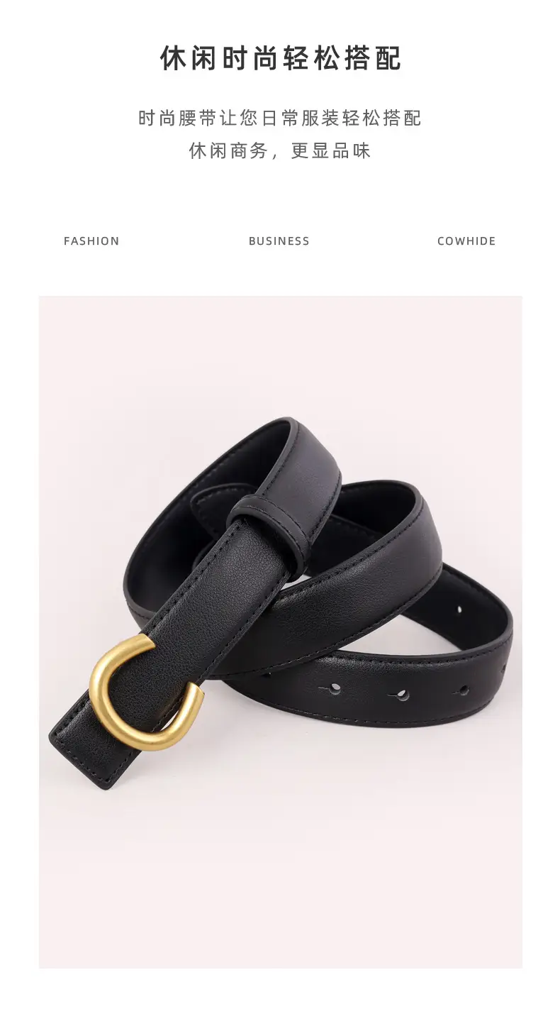 Women's Black Genuine Leather Belt with Gold buckle — feature 11