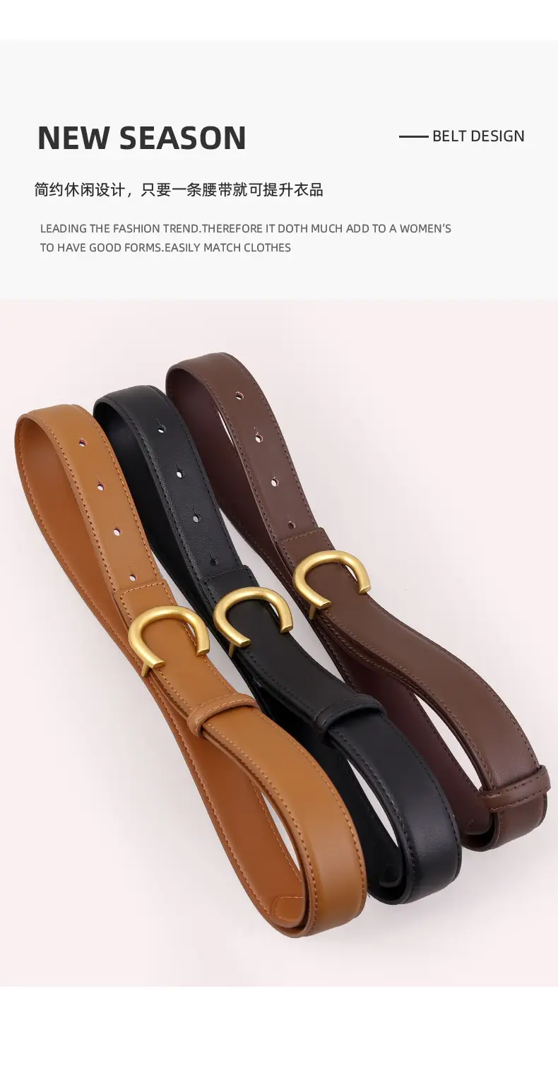 Women's Black Genuine Leather Belt with Gold buckle — feature 14