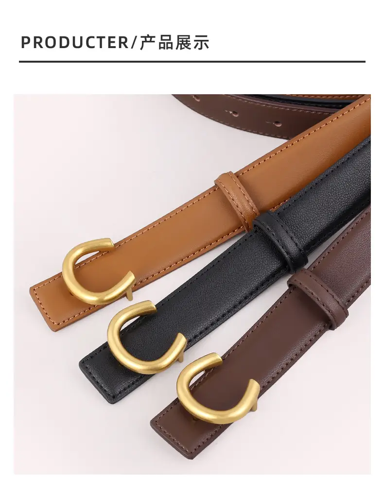 Women's Black Genuine Leather Belt with Gold buckle — feature 19