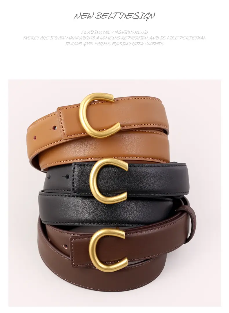 Women's Black Genuine Leather Belt with Gold buckle — feature 20