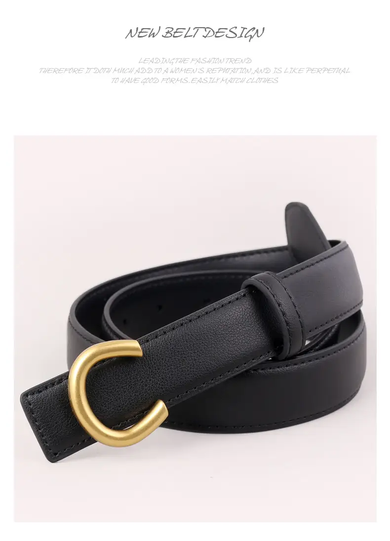 Women's Black Genuine Leather Belt with Gold buckle — feature 21