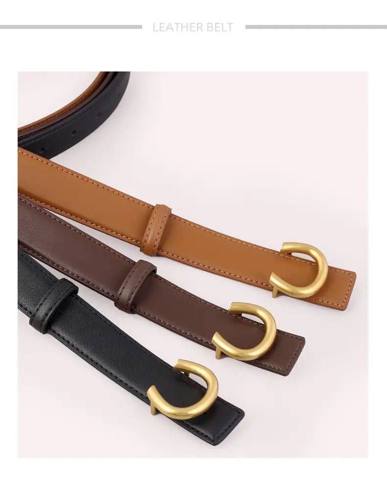 Women's Black Genuine Leather Belt with Gold buckle — feature 7