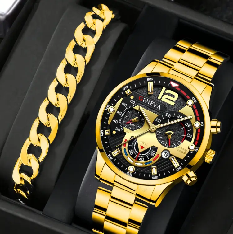 Men's Gold Chain Wristwatch with Calendar & Quartz Movement — feature 5