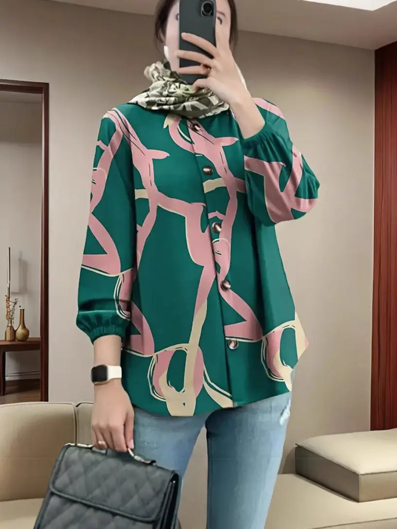 2023 Muslim Floral Puff Sleeve Women's Blouse - Image 5