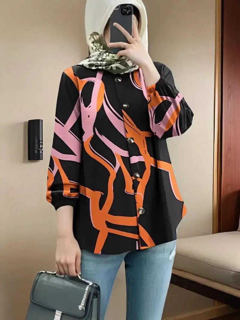 2023 Muslim Floral Puff Sleeve Women's Blouse - Image 7