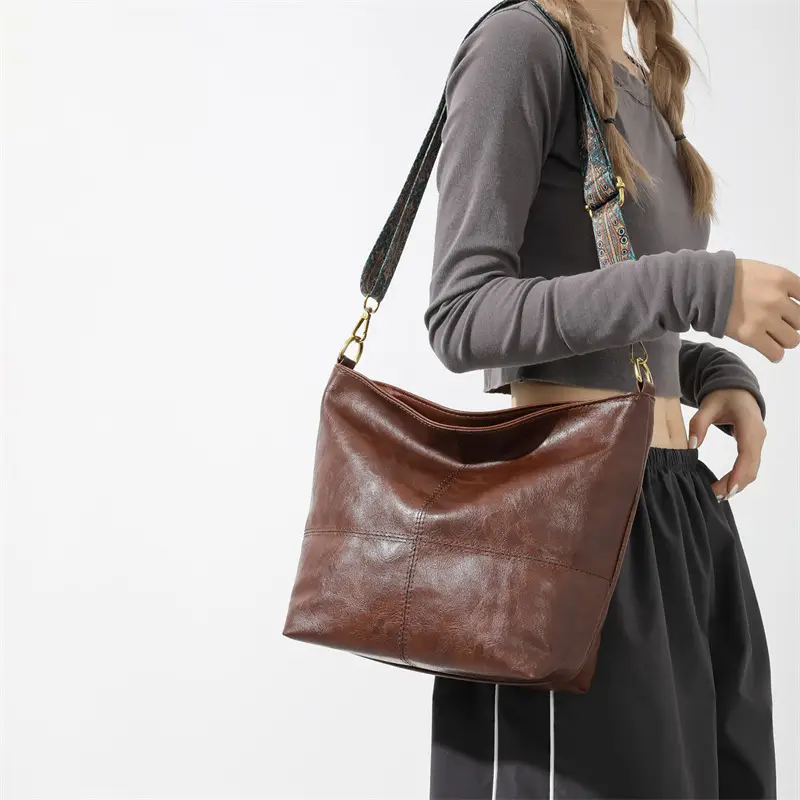 Women's Brown Leather Crossbody Bag with Wide Strap — feature 9