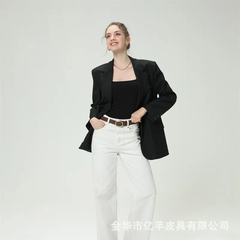 Women's Brown Leather Belt with Gold buckle for fashion wear — feature 14