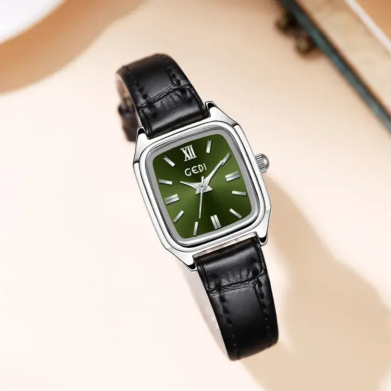 Gadi Women's Leather Watch Square Gold Dial Waterproof Quartz - Image 8