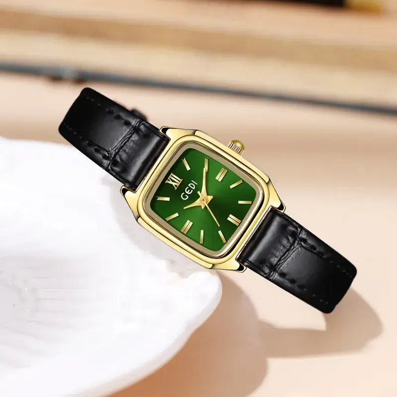 Gadi Women's Leather Watch Square Gold Dial Waterproof Quartz - Image 9