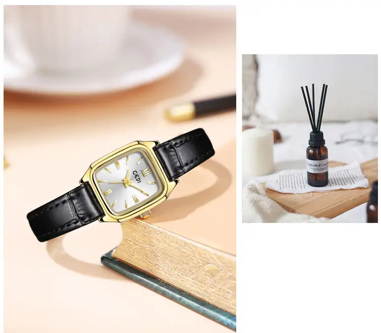 Gadi Women's Leather Watch Square Gold Dial Waterproof Quartz — feature 11
