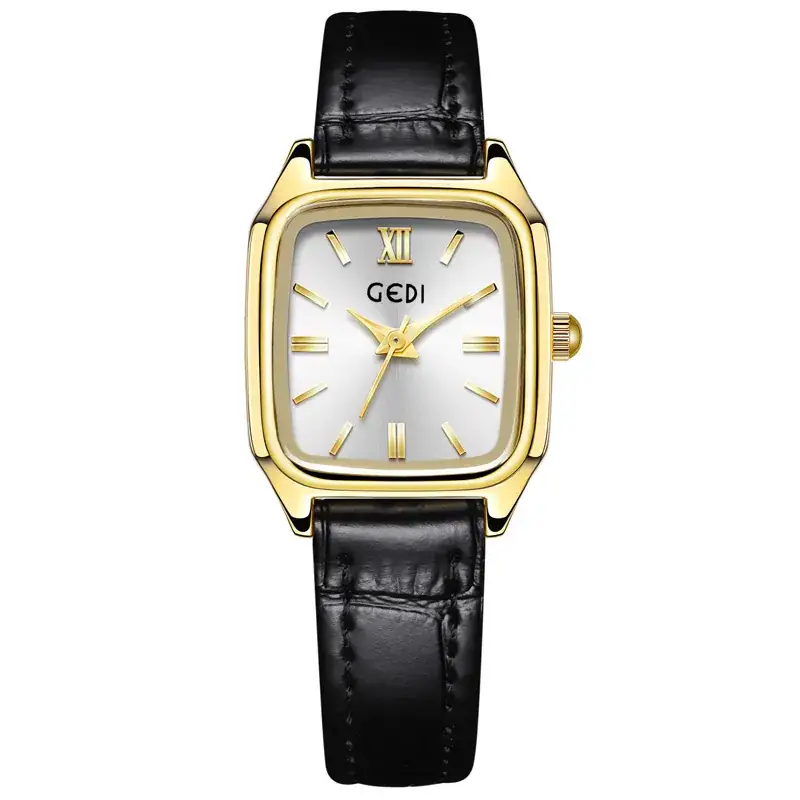 Gadi Women's Leather Watch Square Gold Dial Waterproof Quartz - Image 2