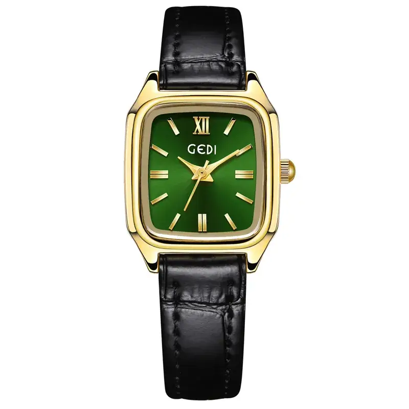 Gadi Women's Leather Watch Square Gold Dial Waterproof Quartz - Image 3