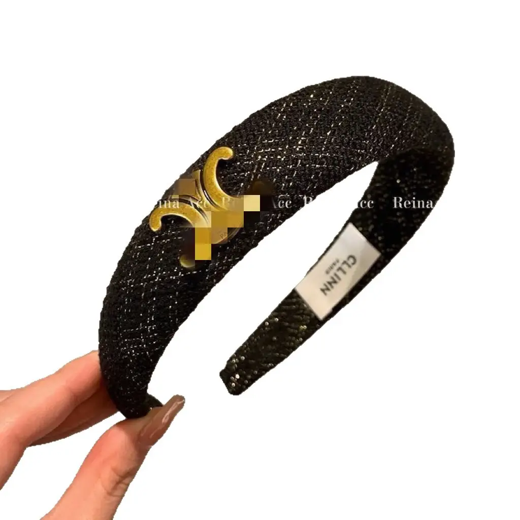 2025 Chanel-Style Black Swirl Headband with Gold Logo - Image 8