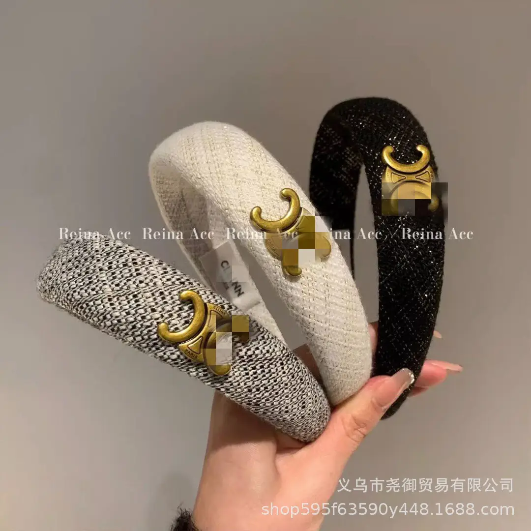 2025 Chanel-Style Black Swirl Headband with Gold Logo — feature 1