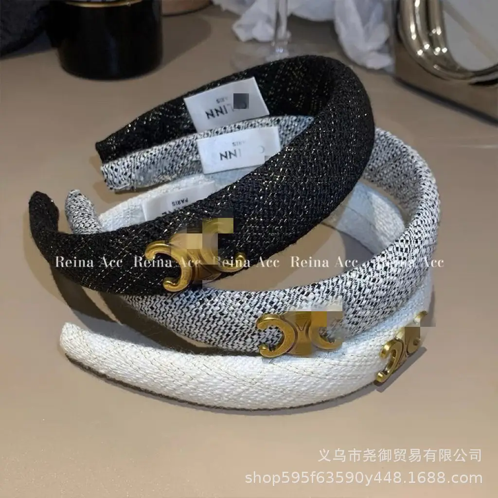 2025 Chanel-Style Black Swirl Headband with Gold Logo — feature 2