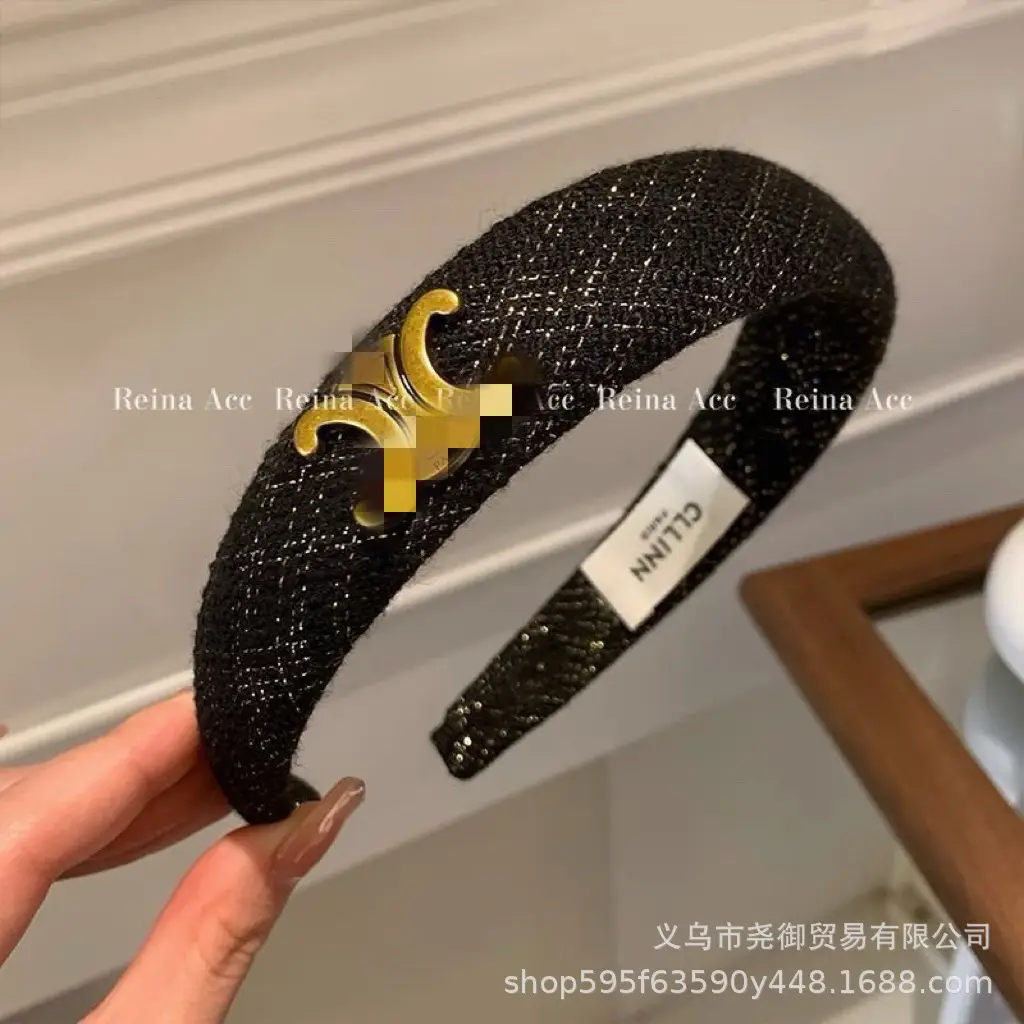 2025 Chanel-Style Black Swirl Headband with Gold Logo — feature 6