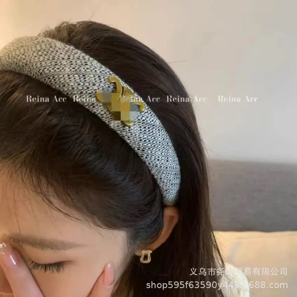 2025 Chanel-Style Black Swirl Headband with Gold Logo - Image 3
