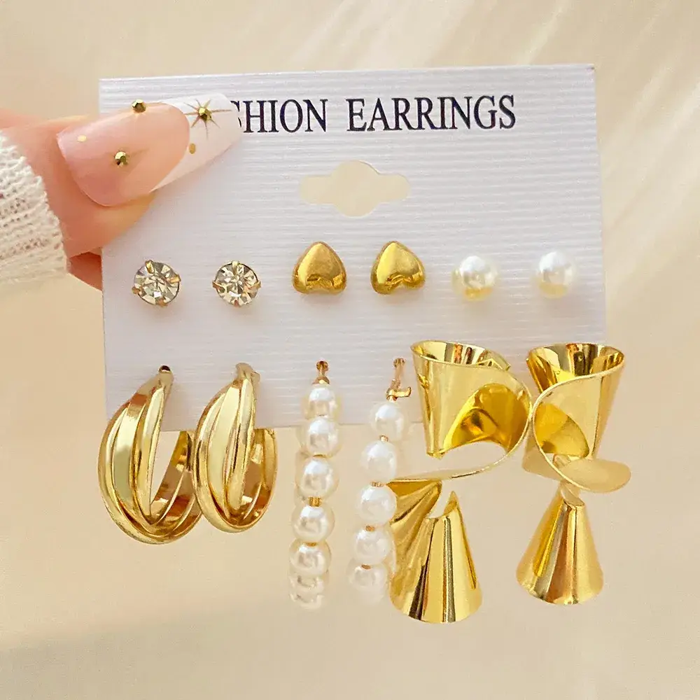 Golden Geometric Earrings Set 6-Piece Cross Border Alloy - Image 7