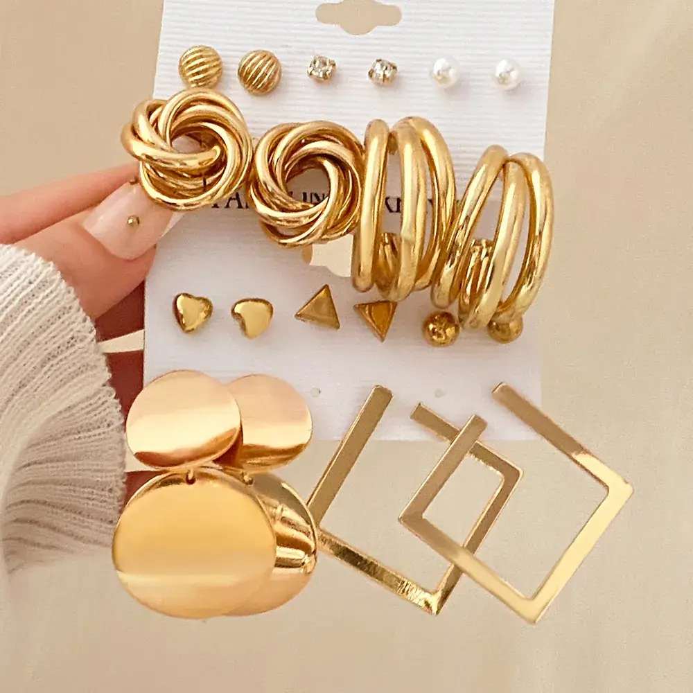 Golden Geometric Earrings Set 6-Piece Cross Border Alloy - Image 8