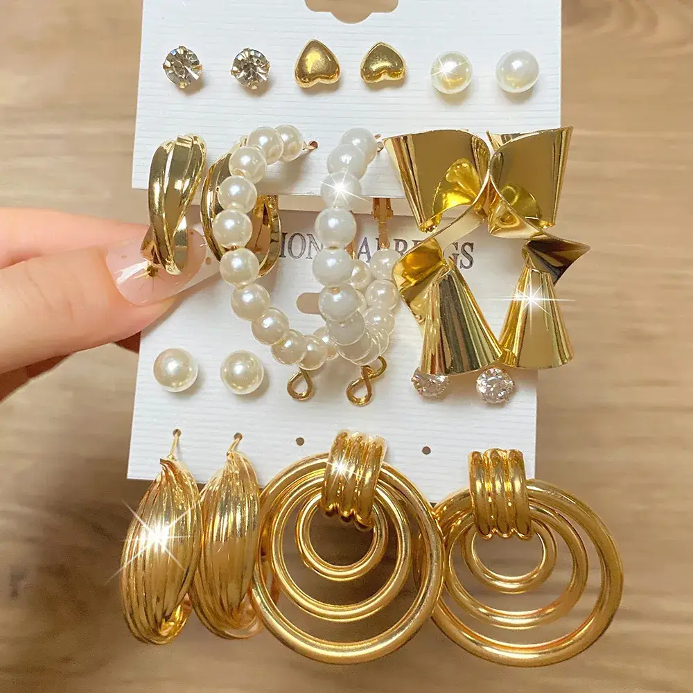 Golden Geometric Earrings Set 6-Piece Cross Border Alloy - Image 9
