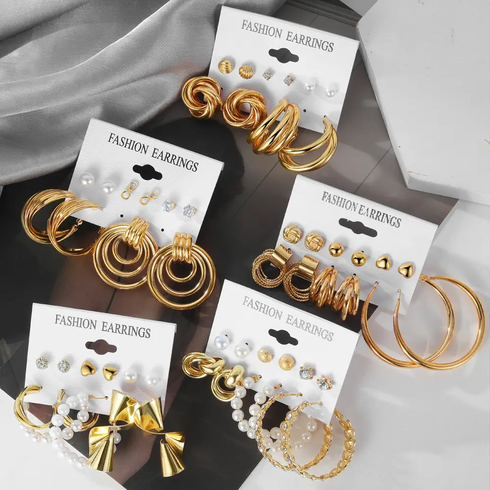 Golden Geometric Earrings Set 6-Piece Cross Border Alloy — feature 11