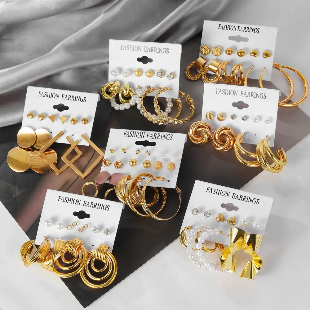 Golden Geometric Earrings Set 6-Piece Cross Border Alloy — feature 12