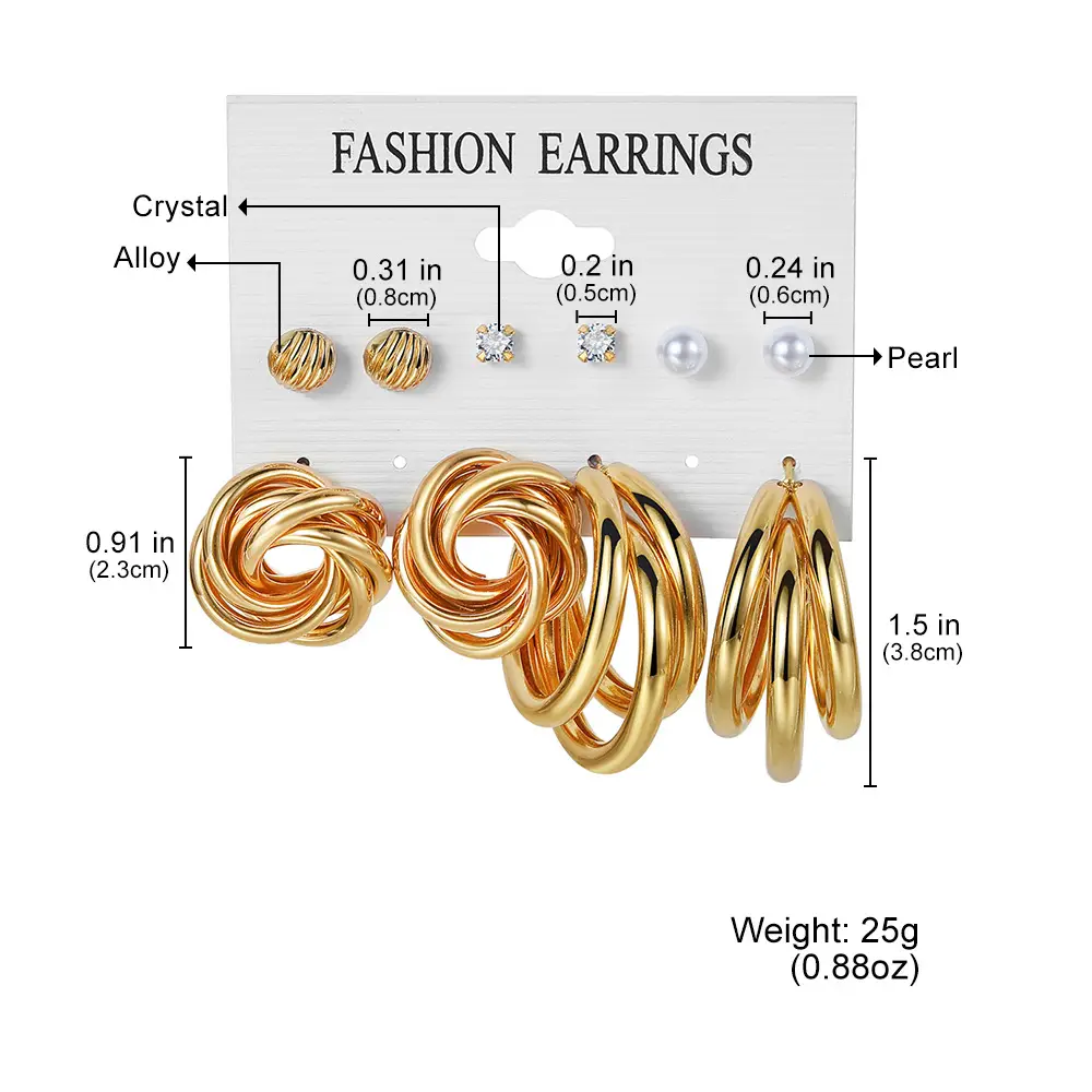 Golden Geometric Earrings Set 6-Piece Cross Border Alloy — feature 5
