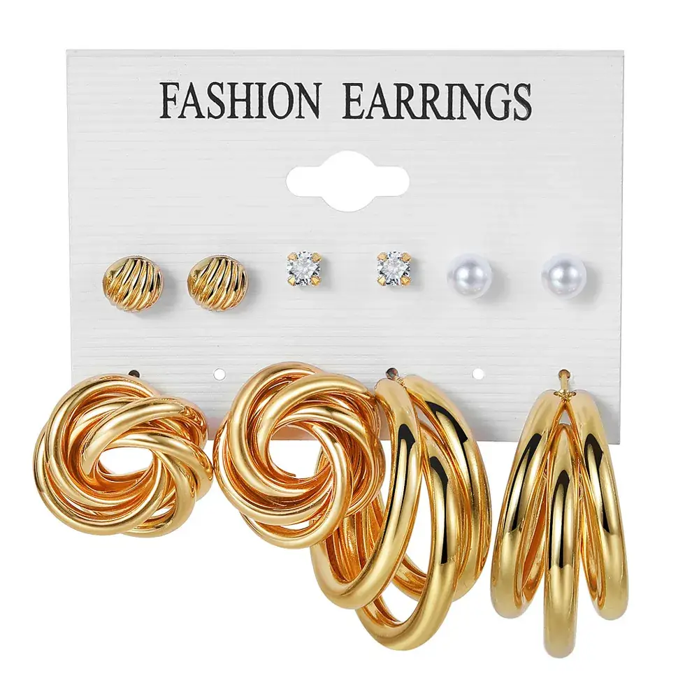 Golden Geometric Earrings Set 6-Piece Cross Border Alloy - Image 4