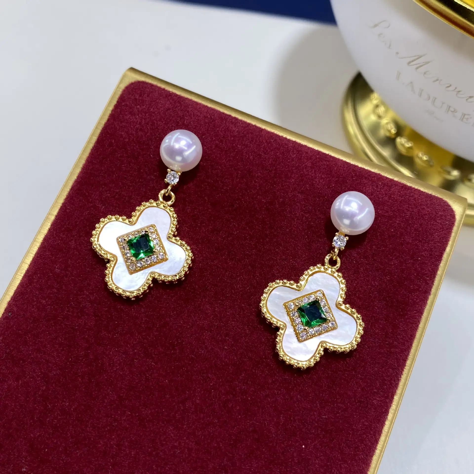 Natural Freshwater Pearl Clover Earrings with Green Diamond - Image 3