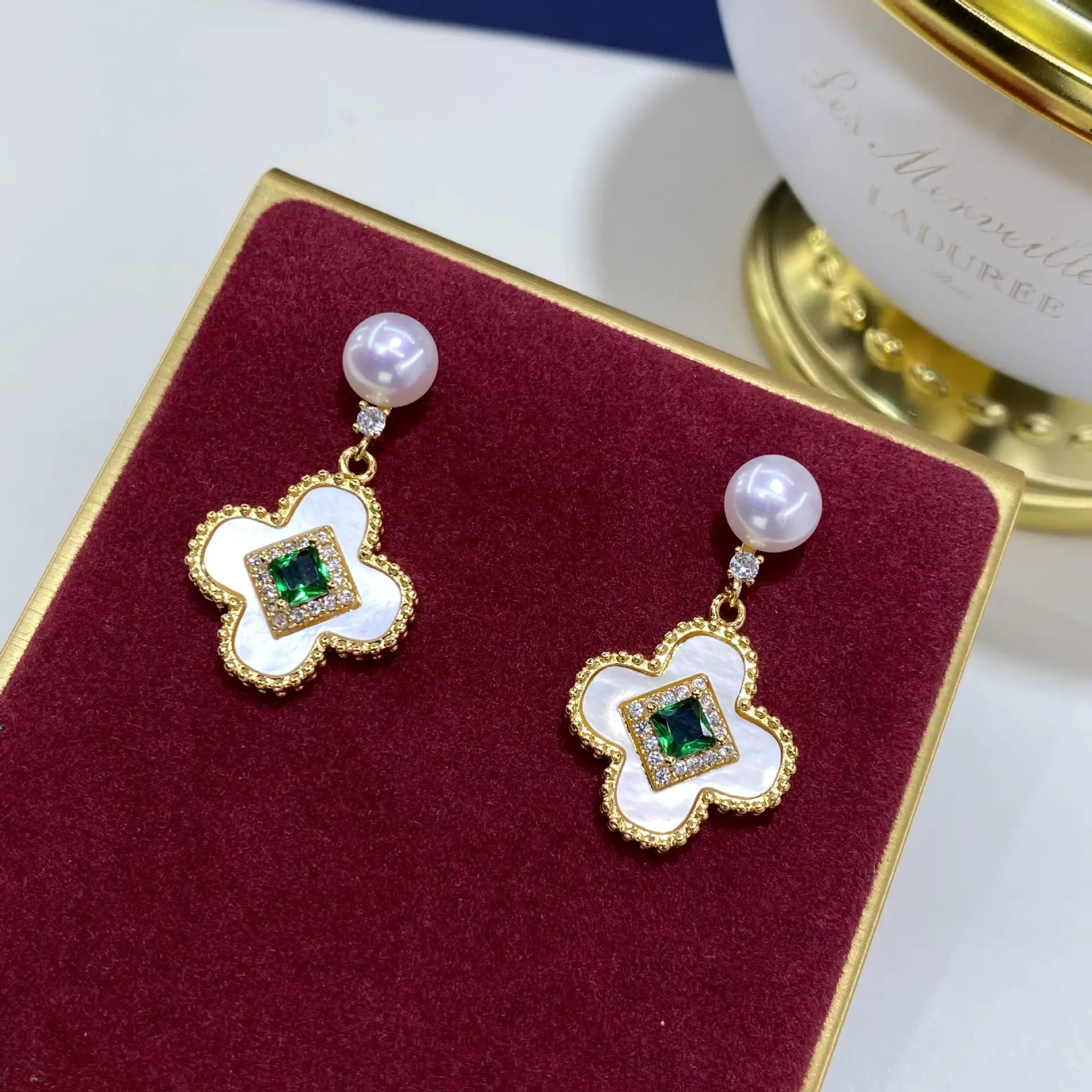 Natural Freshwater Pearl Clover Earrings with Green Diamond - Image 4