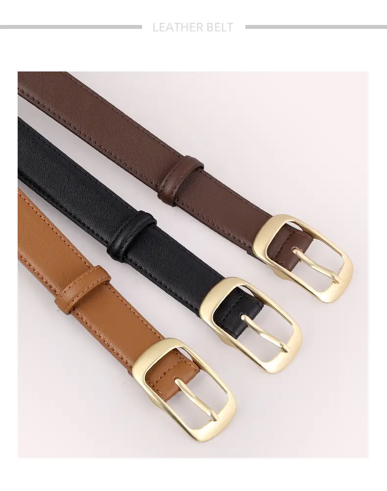 Women's Brown Genuine Leather Belt with Gold Buckle — feature 24
