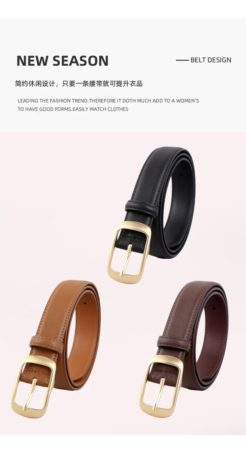 Women's Brown Genuine Leather Belt with Gold Buckle — feature 31