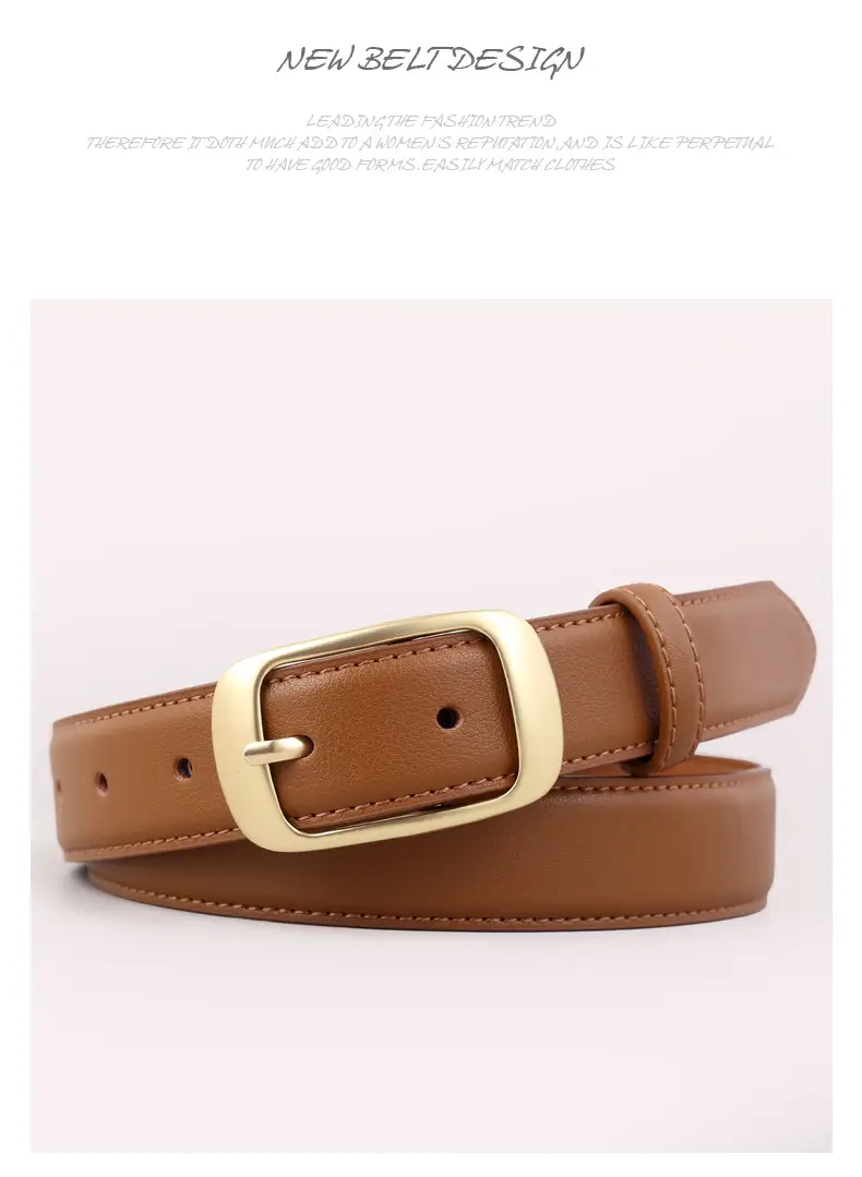 Women's Brown Genuine Leather Belt with Gold Buckle — feature 37