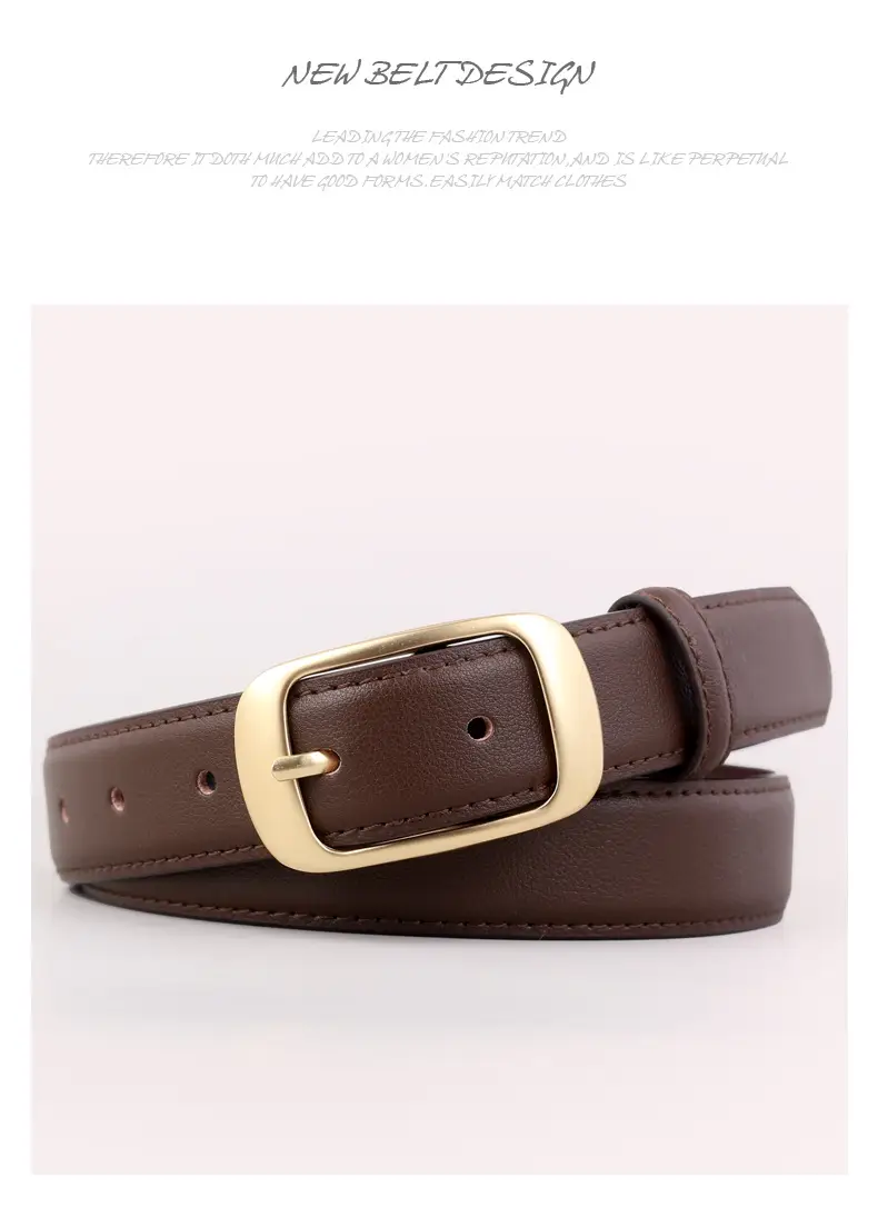 Women's Brown Genuine Leather Belt with Gold Buckle — feature 38