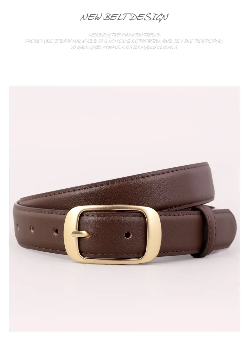 Women's Brown Genuine Leather Belt with Gold Buckle — feature 41