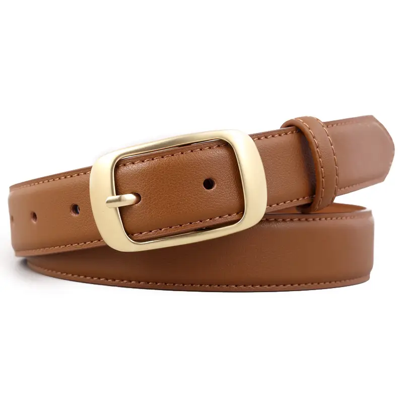Women's Brown Genuine Leather Belt with Gold Buckle - Image 2