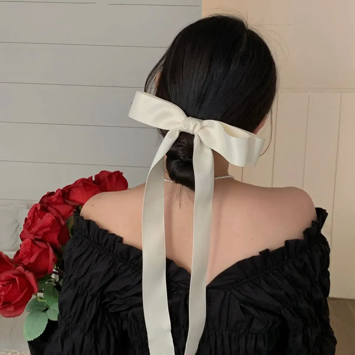 Super Long Bow Ribbon/Rice White