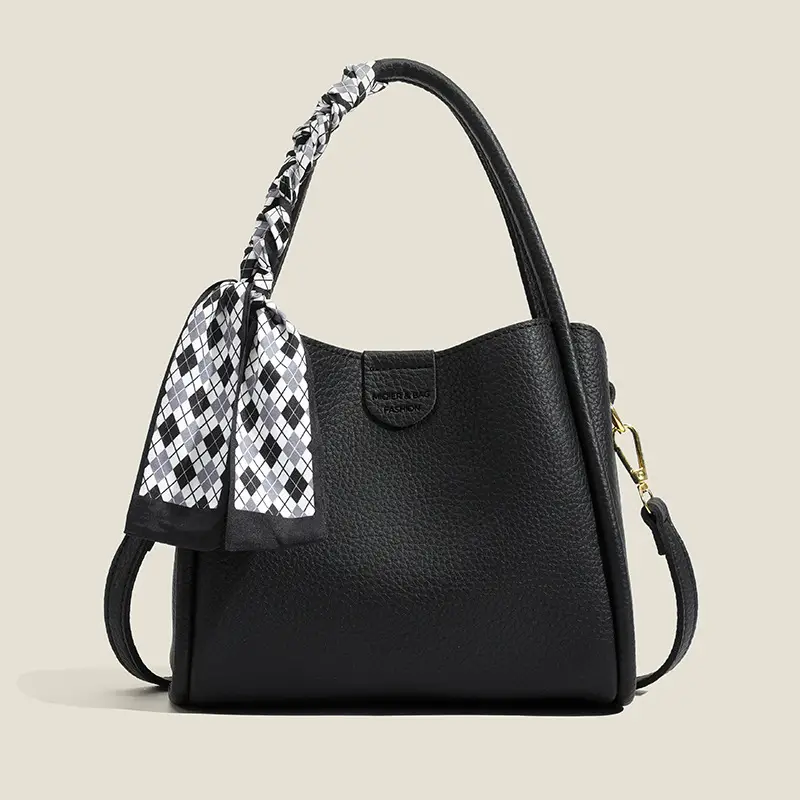Women's Brown Leather Bucket Bag with Bow Handle - Image 8