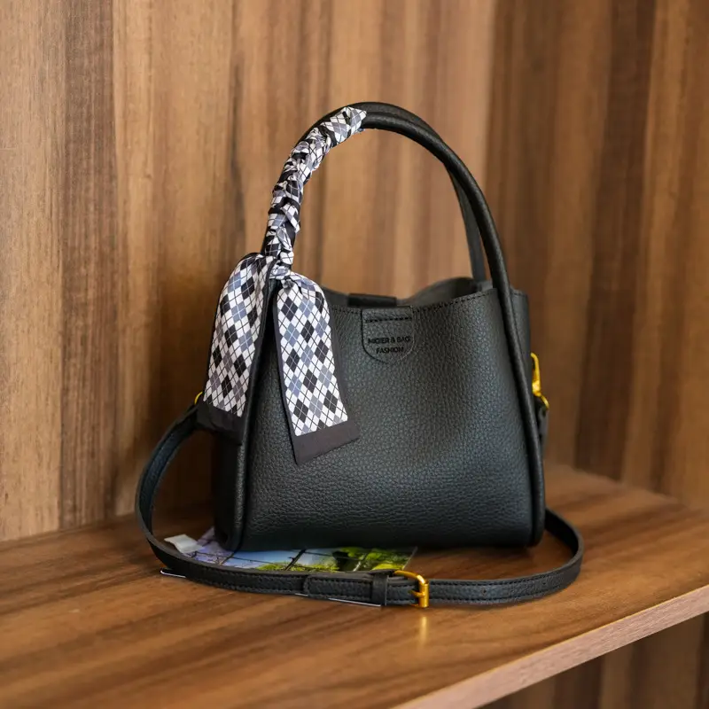 Women's Brown Leather Bucket Bag with Bow Handle - Image 9