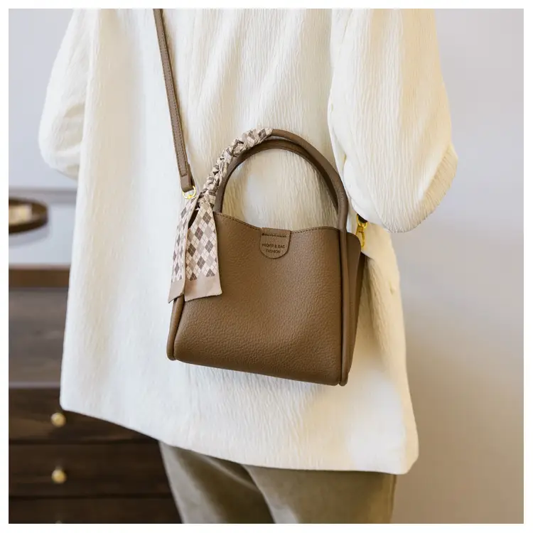 Women's Brown Leather Bucket Bag with Bow Handle — feature 15