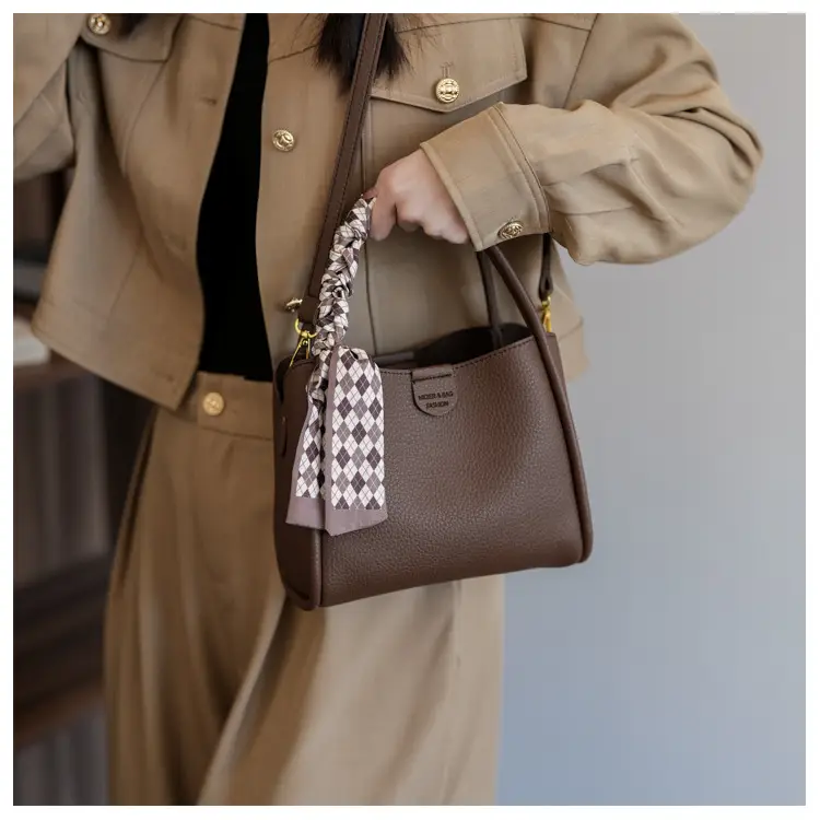 Women's Brown Leather Bucket Bag with Bow Handle — feature 18
