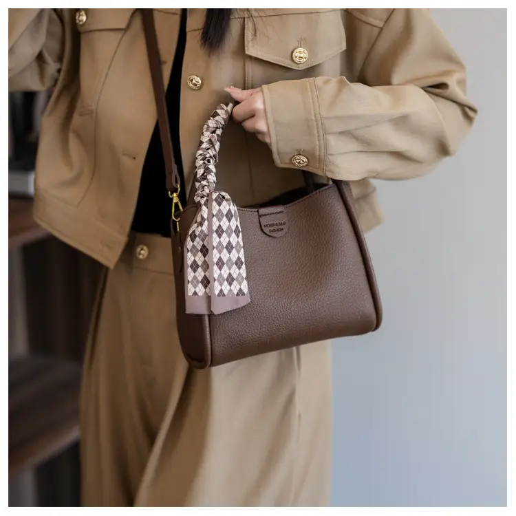 Women's Brown Leather Bucket Bag with Bow Handle — feature 20