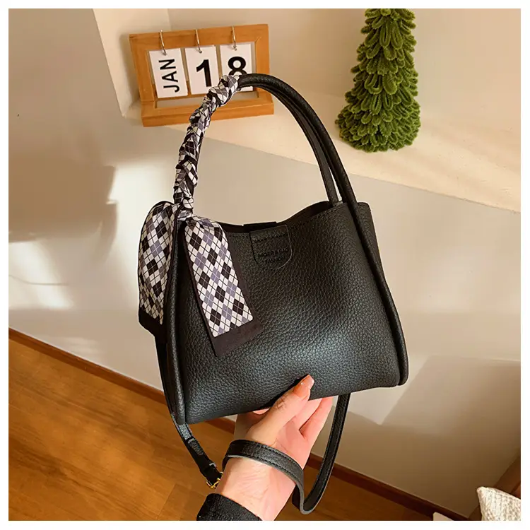 Women's Brown Leather Bucket Bag with Bow Handle — feature 30