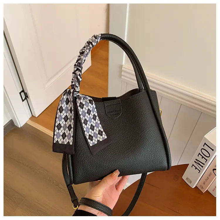 Women's Brown Leather Bucket Bag with Bow Handle — feature 31