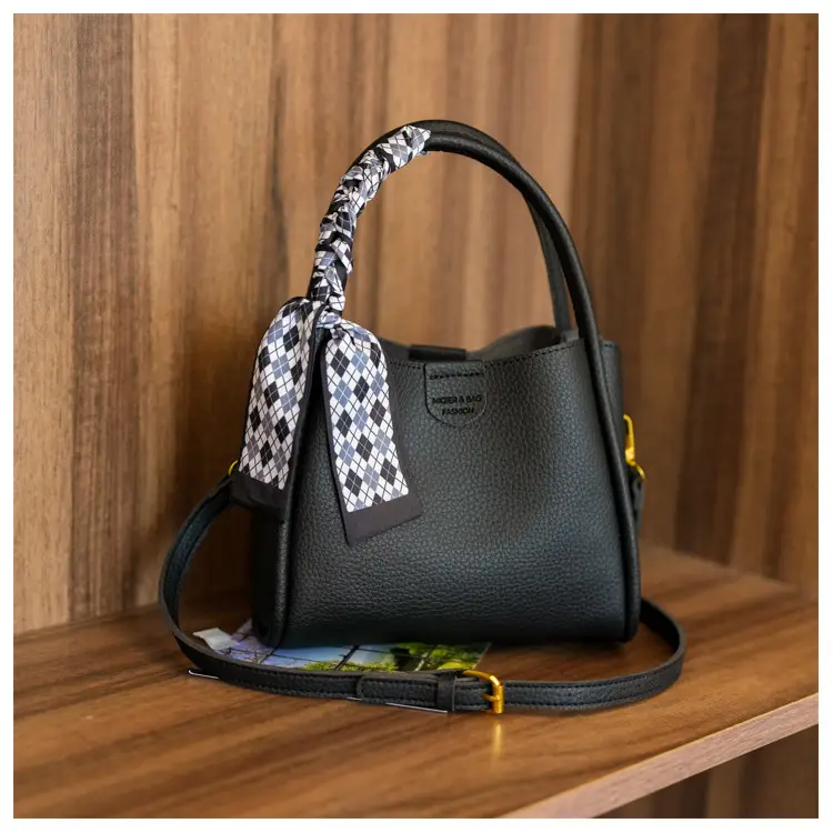 Women's Brown Leather Bucket Bag with Bow Handle — feature 34