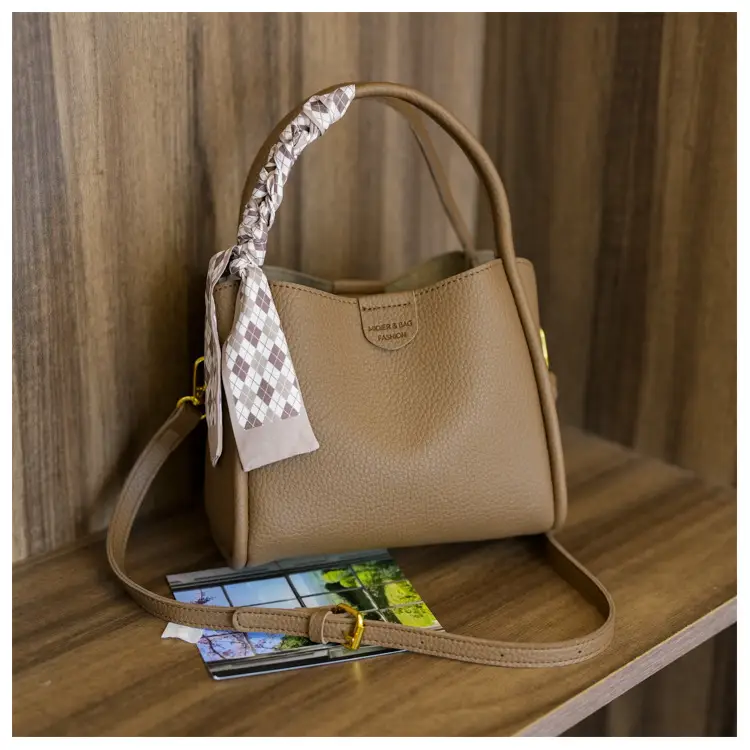 Women's Brown Leather Bucket Bag with Bow Handle — feature 35
